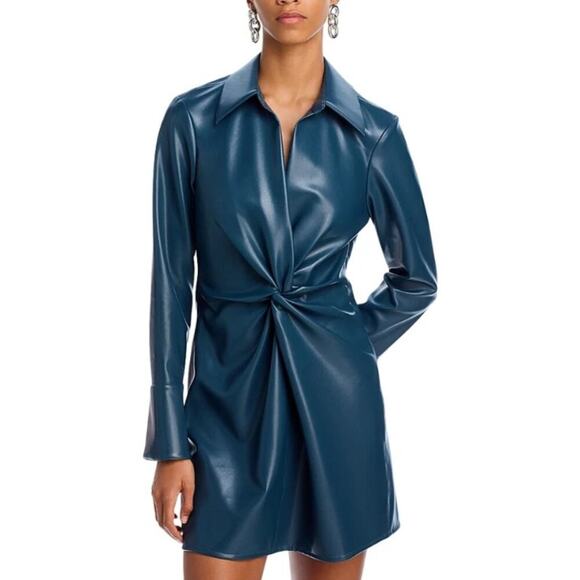 Cinq a Sept Mckenna Faux Leather Twist Mini Dress Long Sleeve Blue Size 4 NWT
